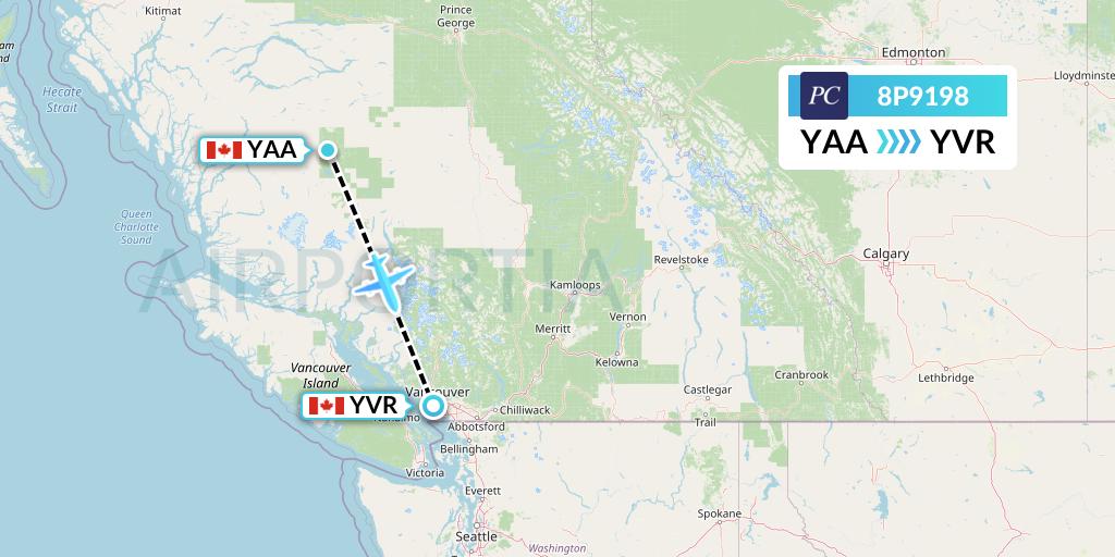 8P9198 Pacific Coastal Airlines Flight Map: Anahim Lake to Vancouver