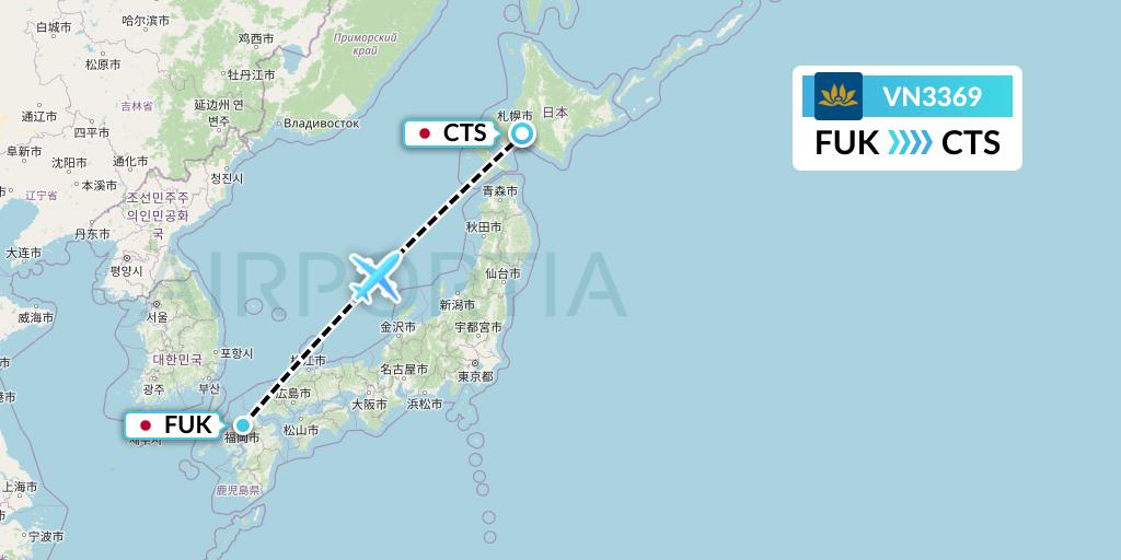 VN3369 Vietnam Airlines Flight Map: Fukuoka to Sapporo