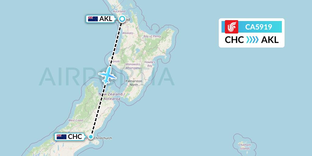 CA5919 Air China Flight Map: Christchurch to Auckland