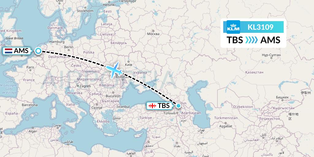 KL3109 KLM Flight Map: Tbilisi to Amsterdam