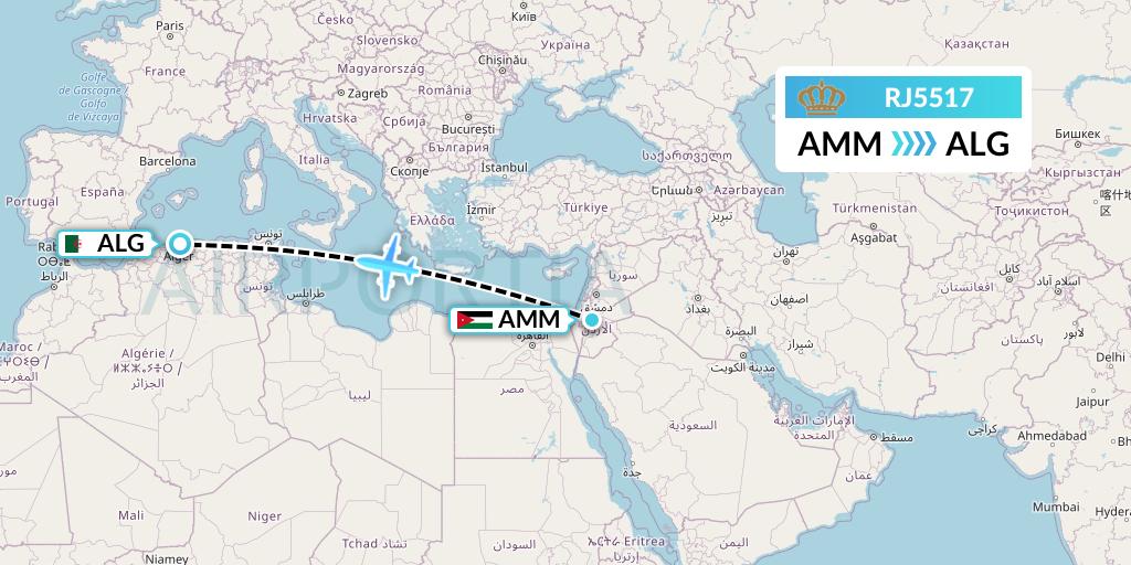 RJ5517 Royal Jordanian Flight Map: Amman to Algiers