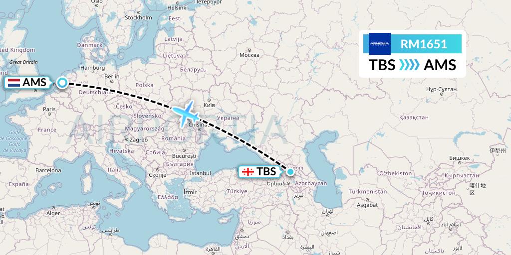 RM1651 Armenia Flight Map: Tbilisi to Amsterdam