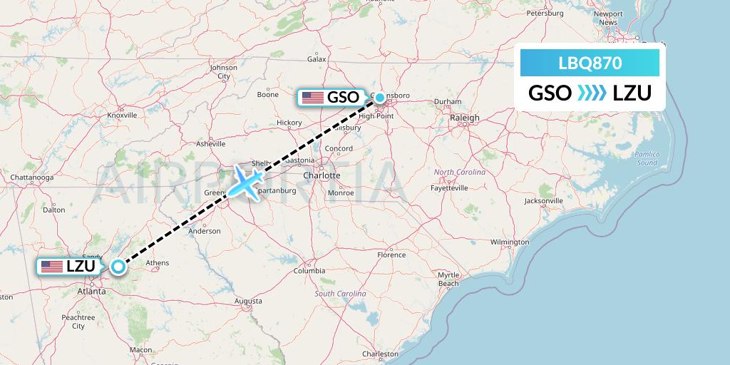 LBQ870 Quest Diagnostics Flight Map: Greensboro to Lawrenceville