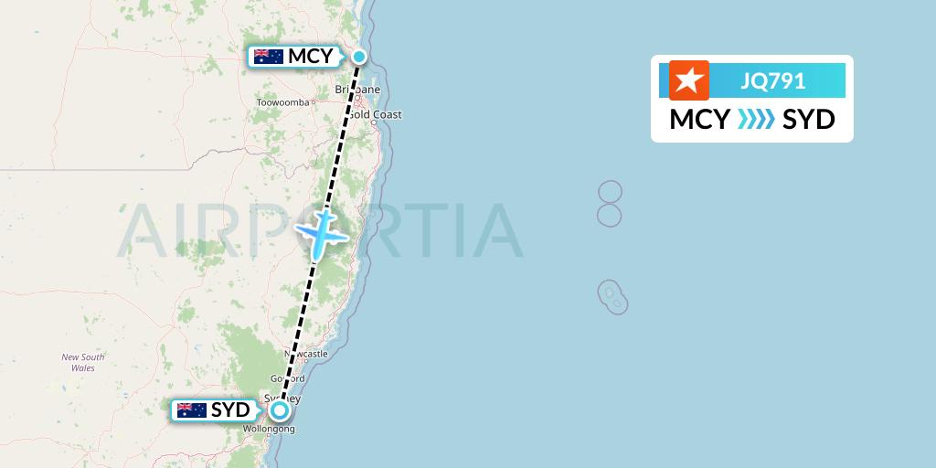 JQ791 Jetstar Airways Flight Map: Sunshine Coast to Sydney