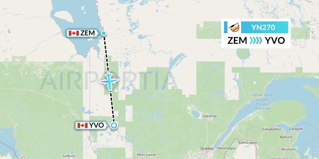 YN270 Air Creebec Flight Map: Eastmain River to Val-d'Or