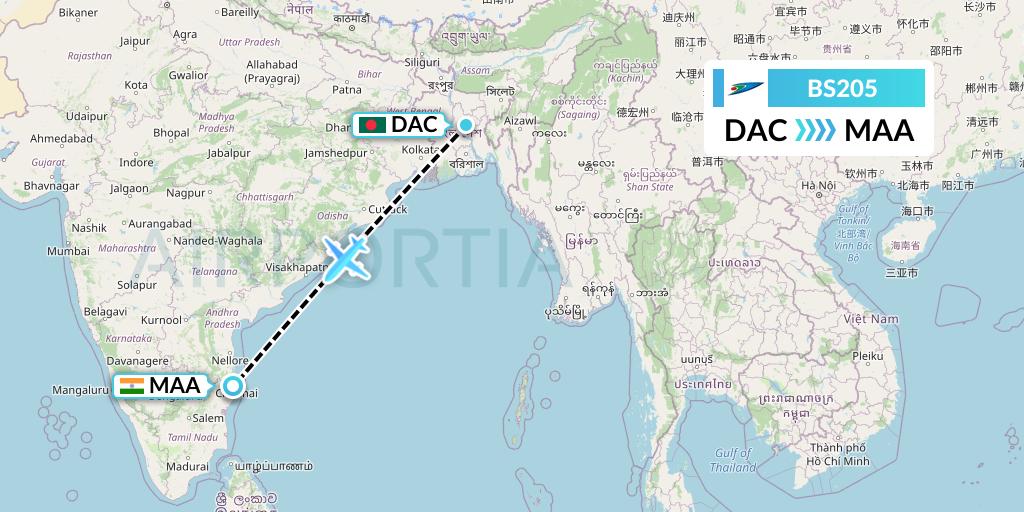 BS205 US-Bangla Airlines Flight Map: Dhaka to Chennai
