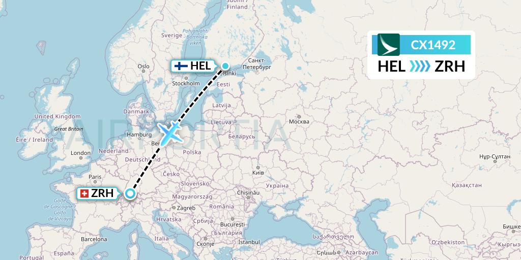 CX1492 Cathay Pacific Flight Map: Helsinki to Zurich