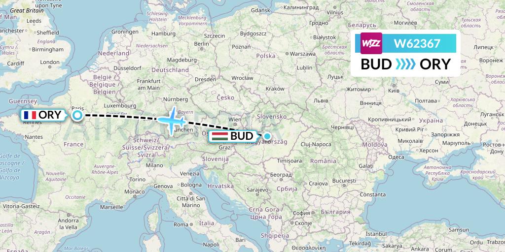 W62367 Wizz Air Flight Map: Budapest to Paris