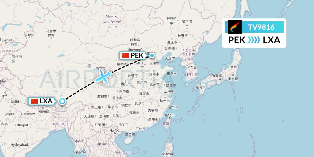 TV9816 Tibet Airlines Flight Map: Beijing to Lhasa