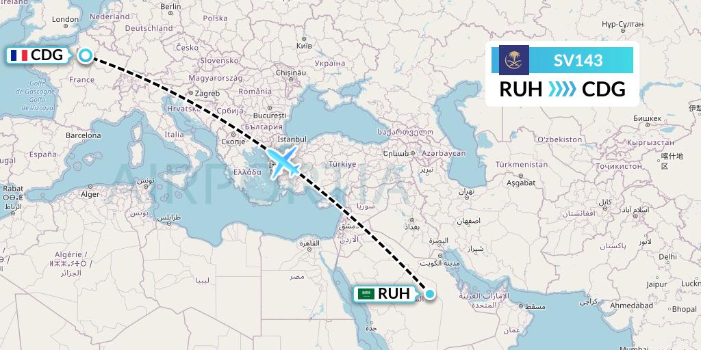 SV143 Saudi Arabian Airlines Flight Map: Riyadh to Paris