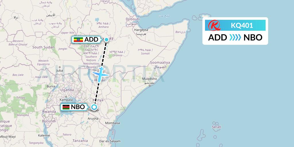 KQ401 Kenya Airways Flight Map: Addis Ababa to Nairobi