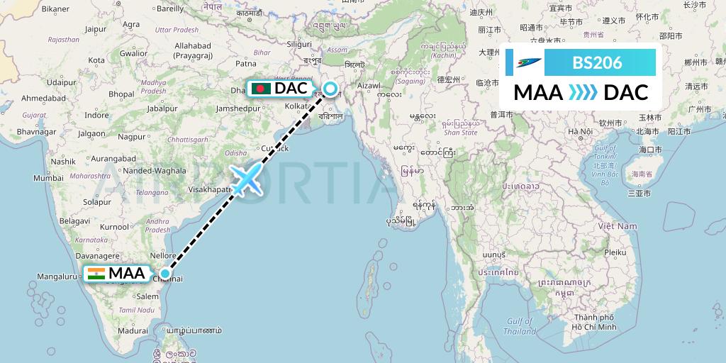 BS206 US-Bangla Airlines Flight Map: Chennai to Dhaka