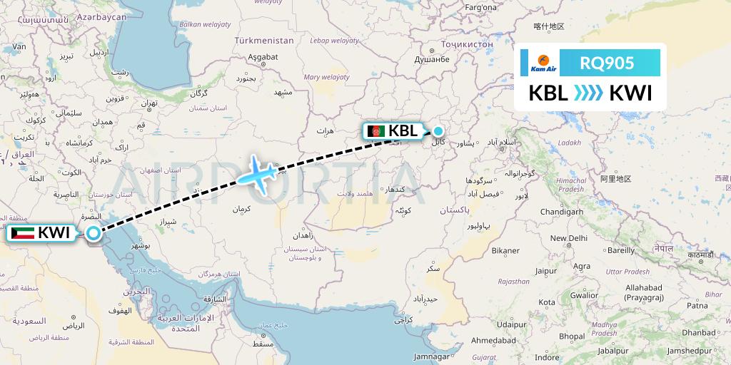 RQ905 Kam Air Flight Map: Kabul to Kuwait City