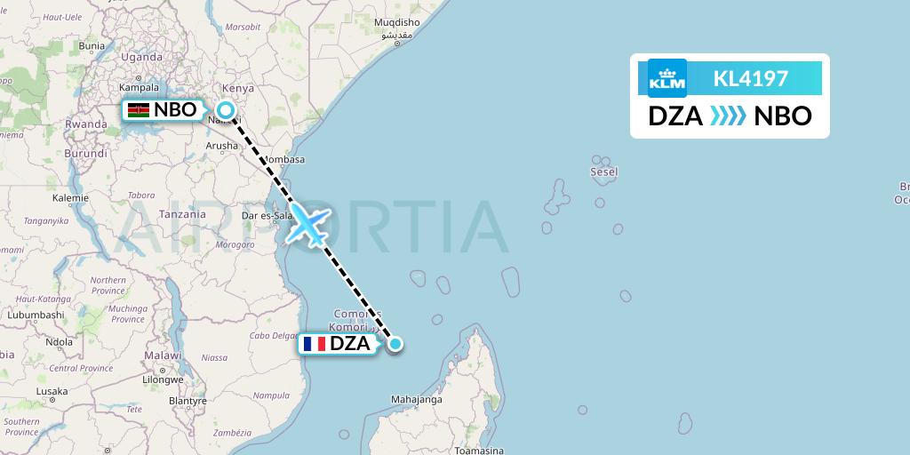 KL4197 KLM Flight Map: Dzaoudzi to Nairobi