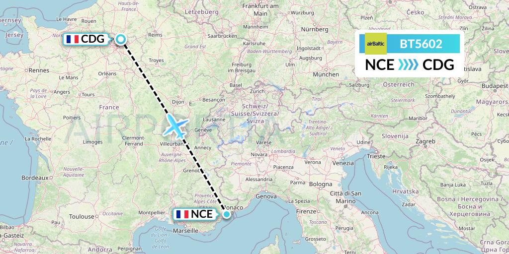 BT5602 Air Baltic Flight Map: Nice to Paris