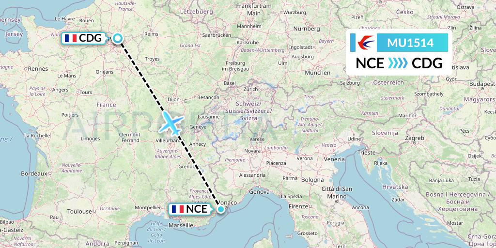MU1514 China Eastern Airlines Flight Map: Nice to Paris