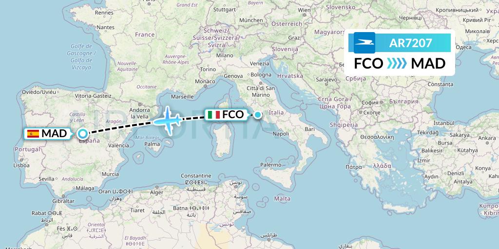 AR7207 Aerolineas Argentinas Flight Map: Rome to Madrid
