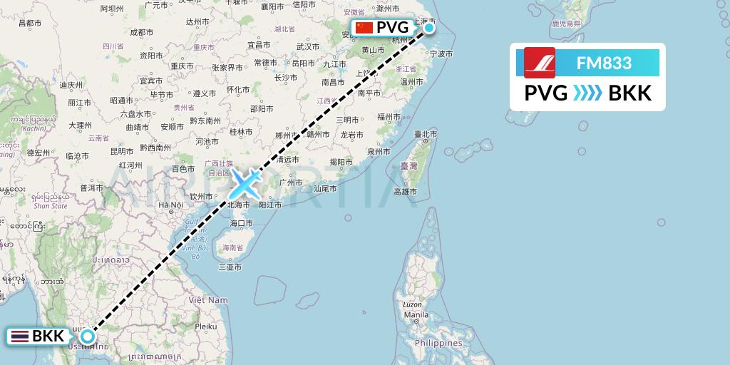 FM833 Shanghai Airlines Flight Map: Shanghai to Bangkok