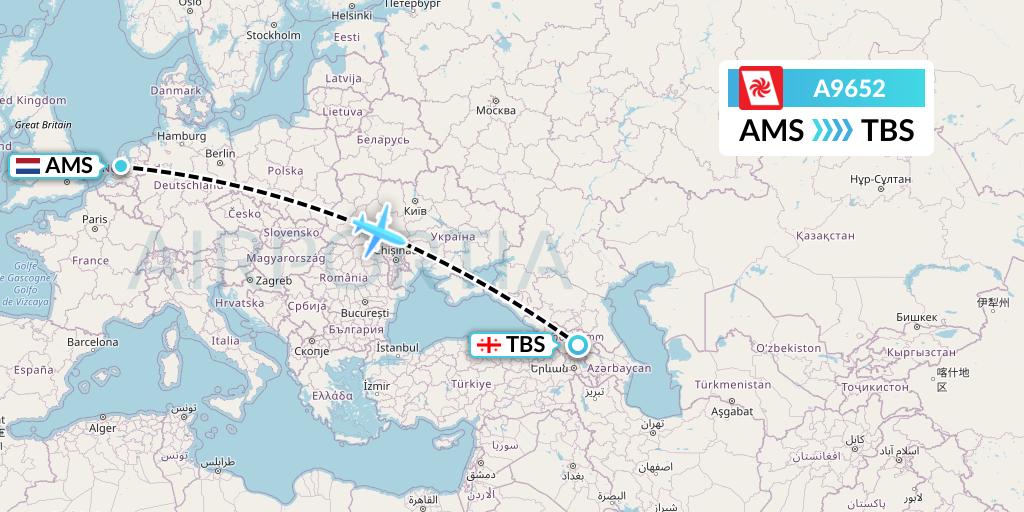 A9652 Georgian Airways Flight Map: Amsterdam to Tbilisi
