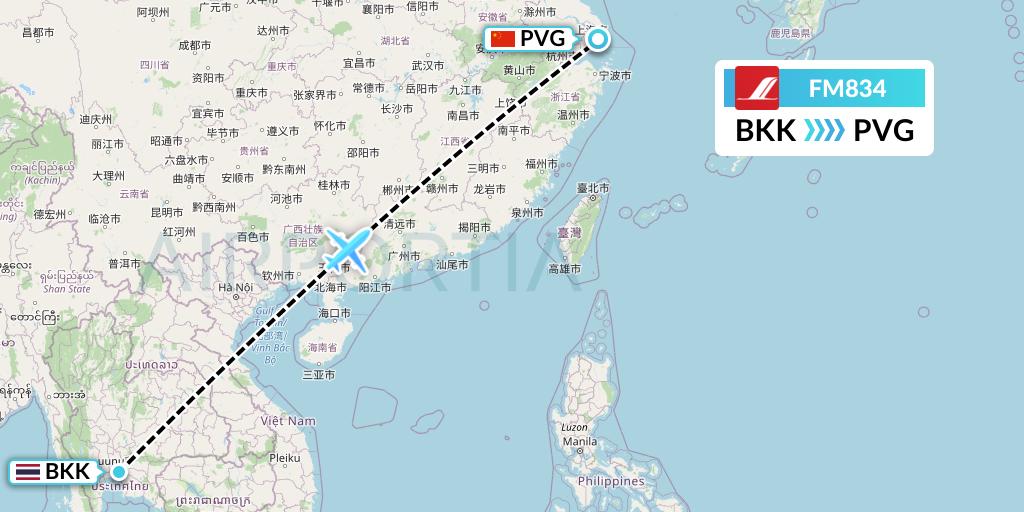 FM834 Shanghai Airlines Flight Map: Bangkok to Shanghai