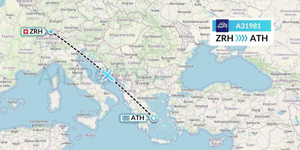 A31981 Aegean Airlines Flight Map: Zurich to Athens
