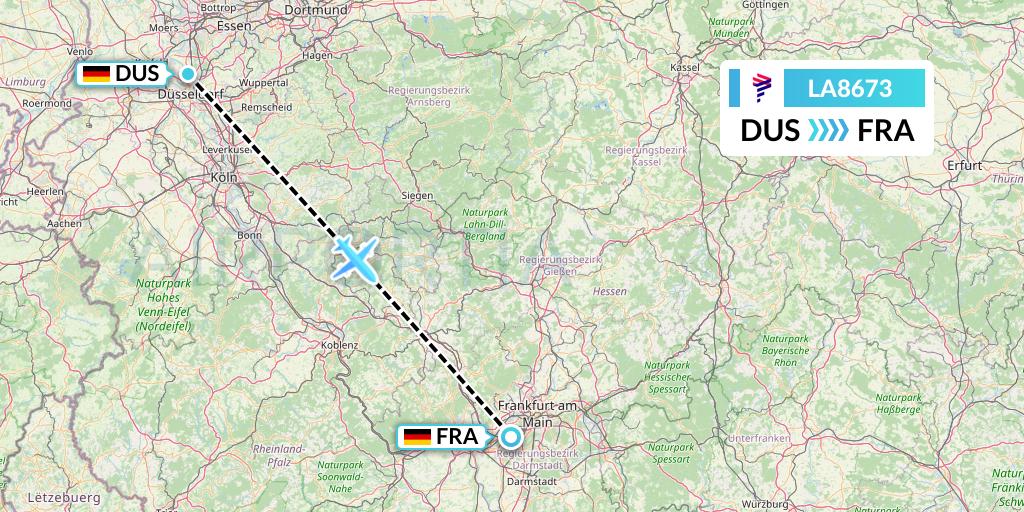 LA8673 LAN Airlines Flight Map: Dusseldorf to Frankfurt