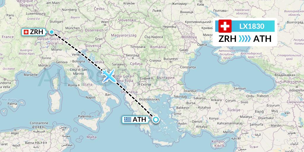 LX1830 Swiss Flight Map: Zurich to Athens