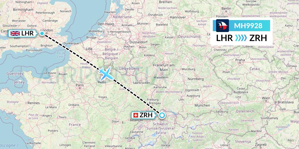 MH9928 Malaysia Airlines Flight Map: London to Zurich