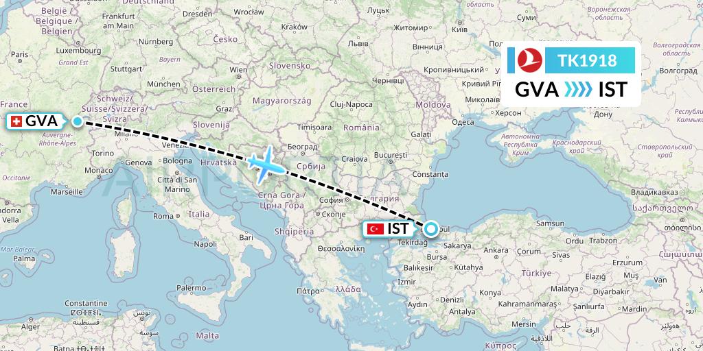 TK1918 Turkish Airlines Flight Map: Geneva to Istanbul