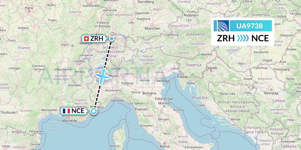 UA9738 United Airlines Flight Map: Zurich to Nice