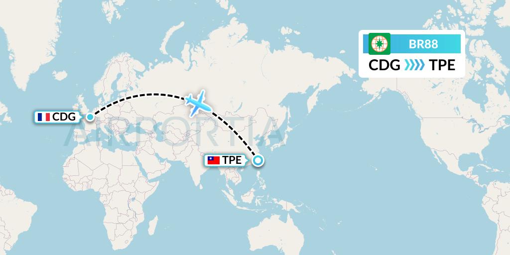 BR88 EVA Air Flight Map: Paris to Taipei