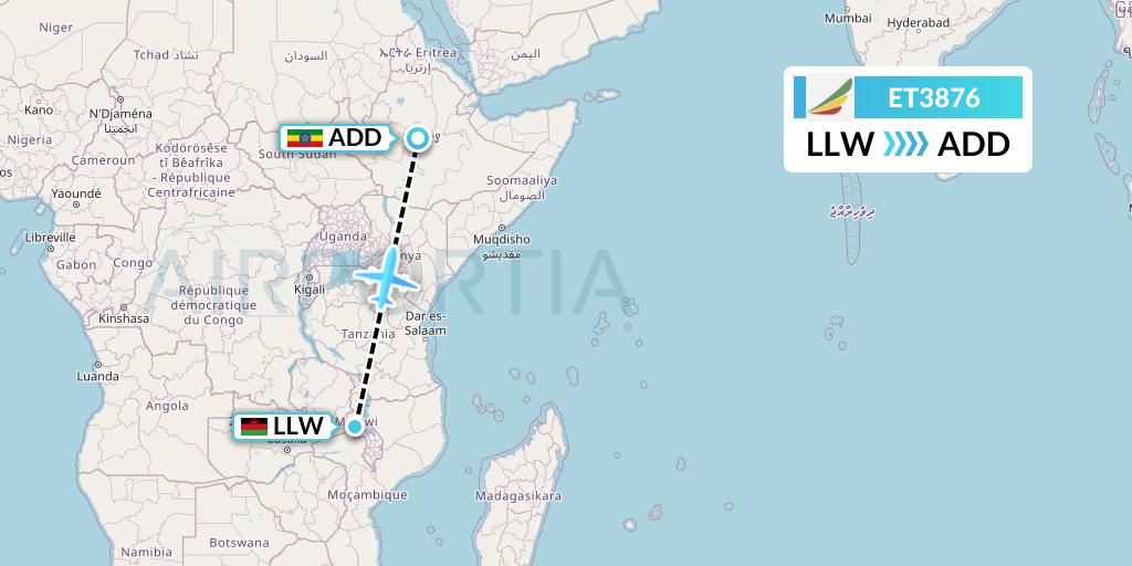 ET3876 Ethiopian Airlines Flight Map: Lilongwe to Addis Ababa
