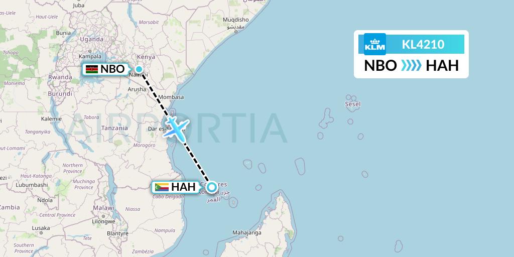 KL4210 KLM Flight Map: Nairobi to Moroni