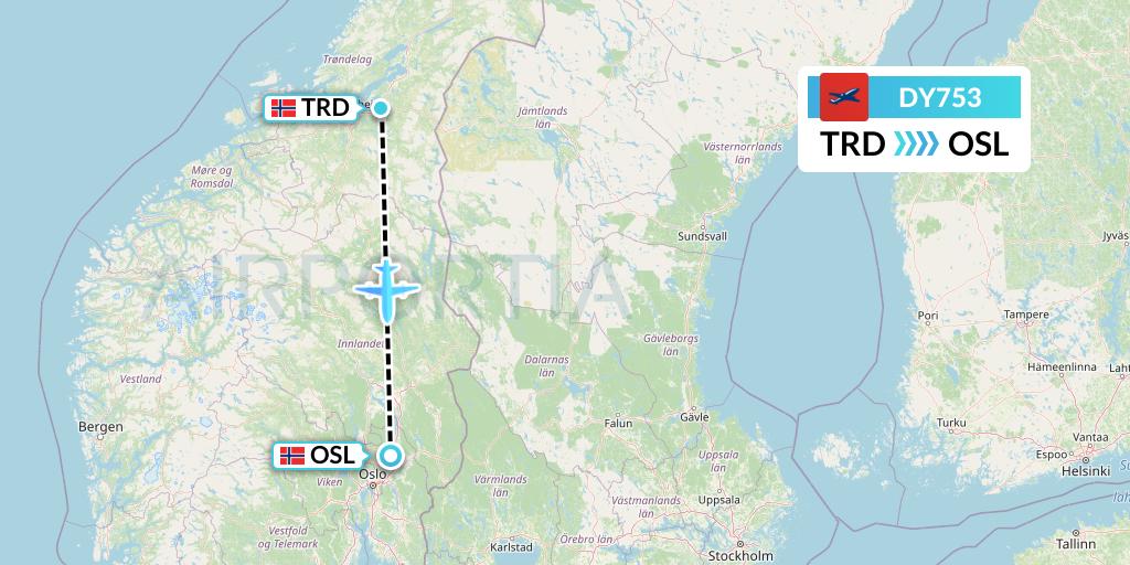 DY753 Norwegian Flight Map: Trondheim to Oslo