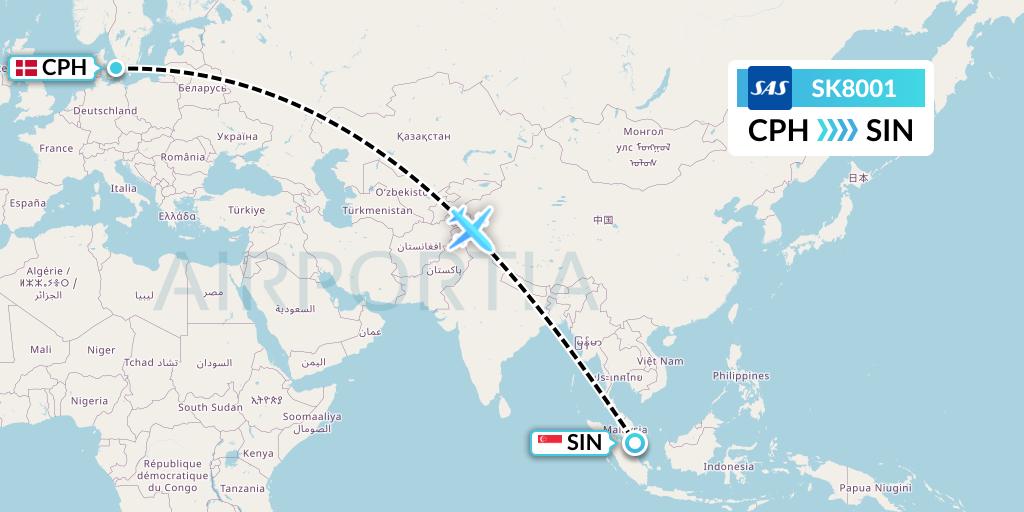 SK8001 SAS Flight Map: Copenhagen to Singapore