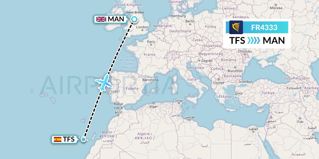 FR4333 Ryanair Flight Map: Tenerife to Manchester