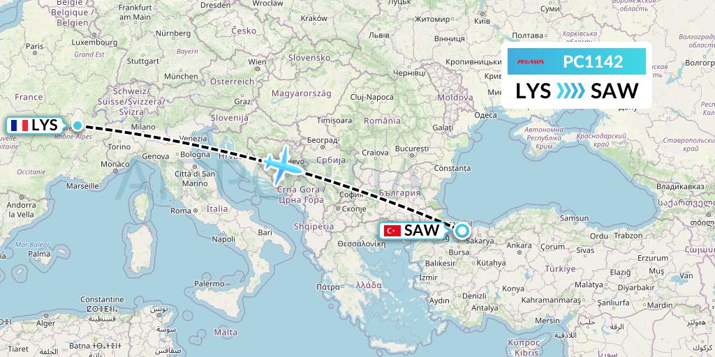 PC1142 Pegasus Airlines Flight Map: Lyon to Istanbul