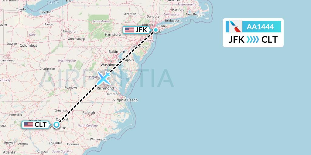 AA1444 American Airlines Flight Map: New York to Charlotte