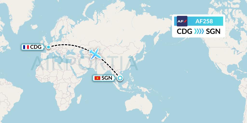 AF258 Air France Flight Map: Paris to Ho Chi Minh City