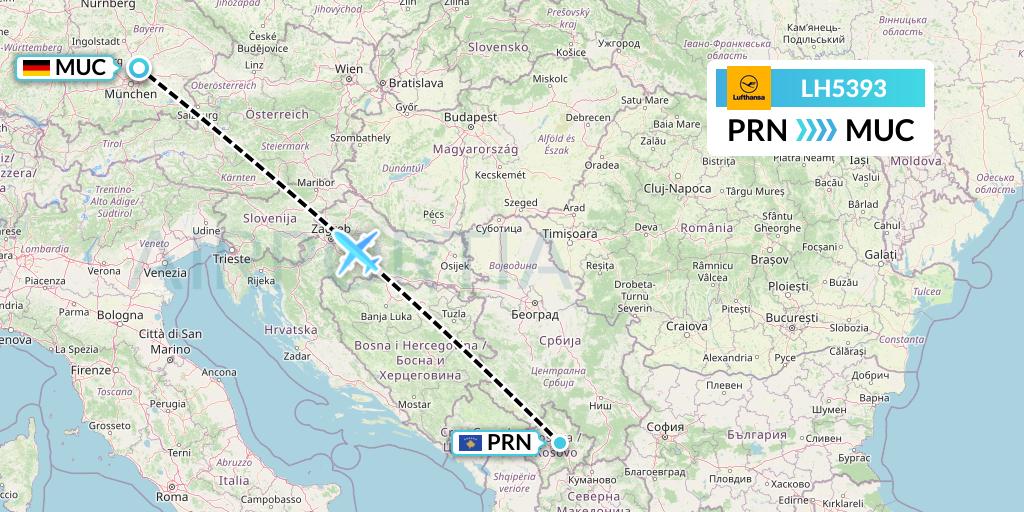 LH5393 Lufthansa Flight Map: Pristina to Munich