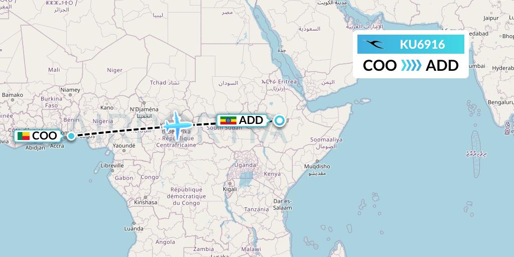 KU6916 Kuwait Airways Flight Map: Cotonou to Addis Ababa