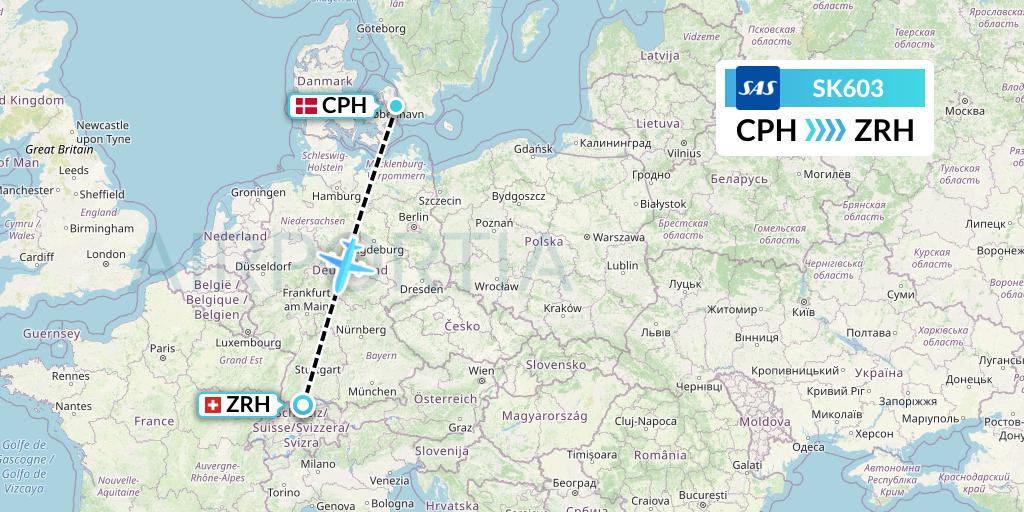 SK603 SAS Flight Map: Copenhagen to Zurich