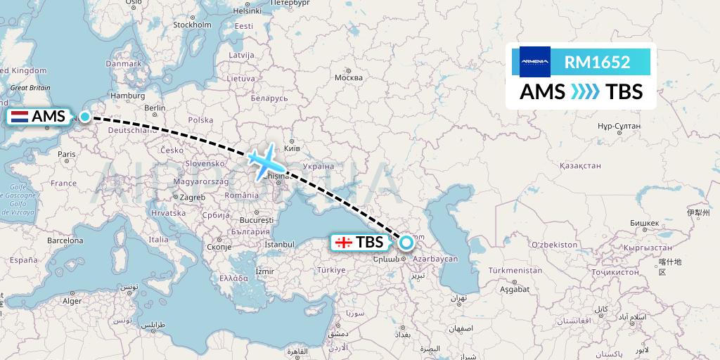 RM1652 Armenia Flight Map: Amsterdam to Tbilisi