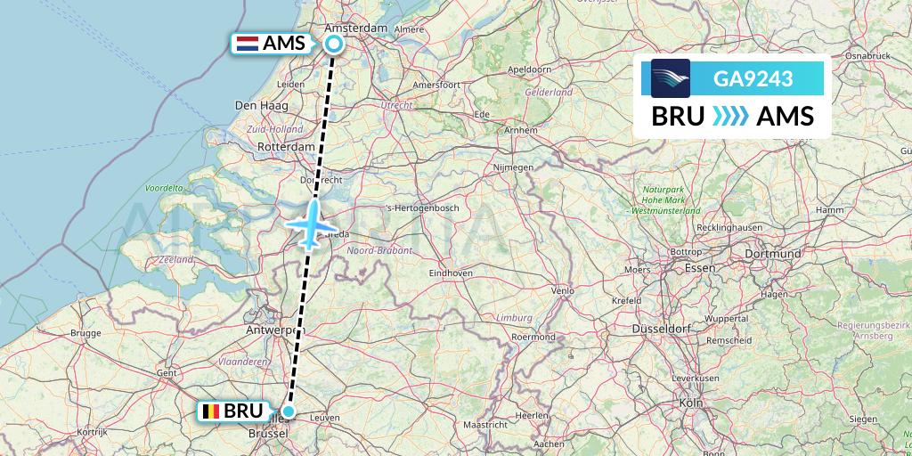 GA9243 Garuda Indonesia Flight Map: Brussels to Amsterdam