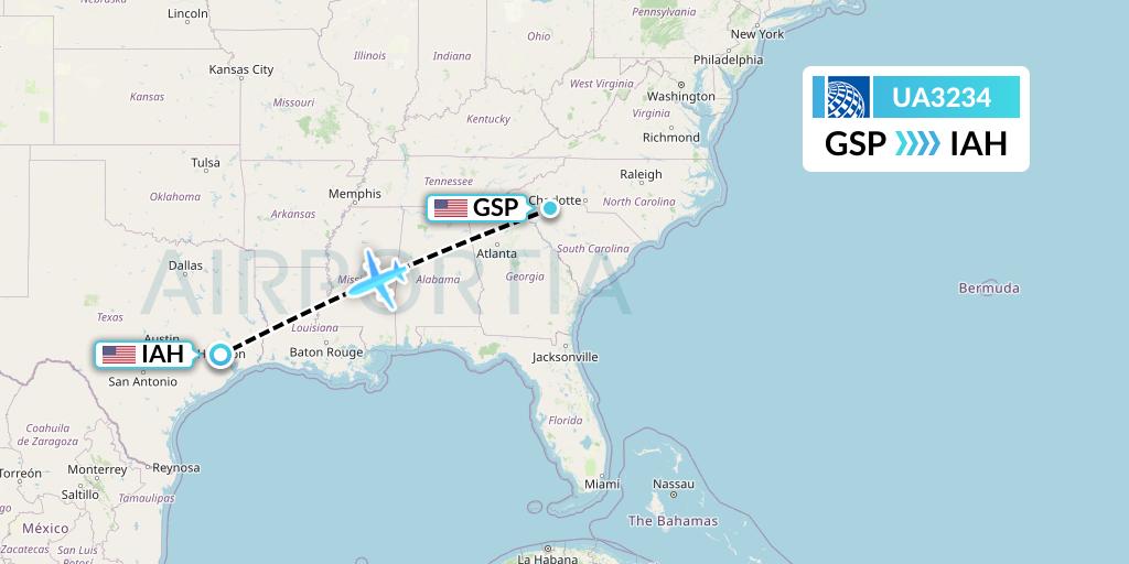 UA3234 United Airlines Flight Map: Greenville-Spartanburg to Houston