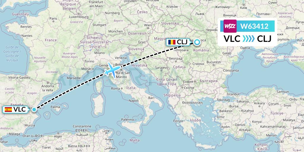 W63412 Wizz Air Flight Map: Valencia to Cluj-Napoca