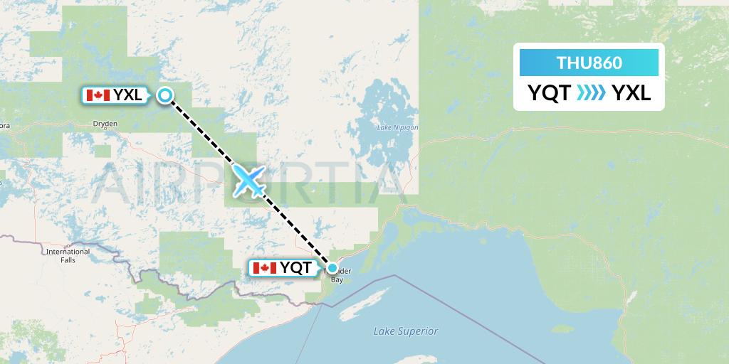 THU860 Thunder Airlines Flight Map: Thunder Bay to Sioux Lookout