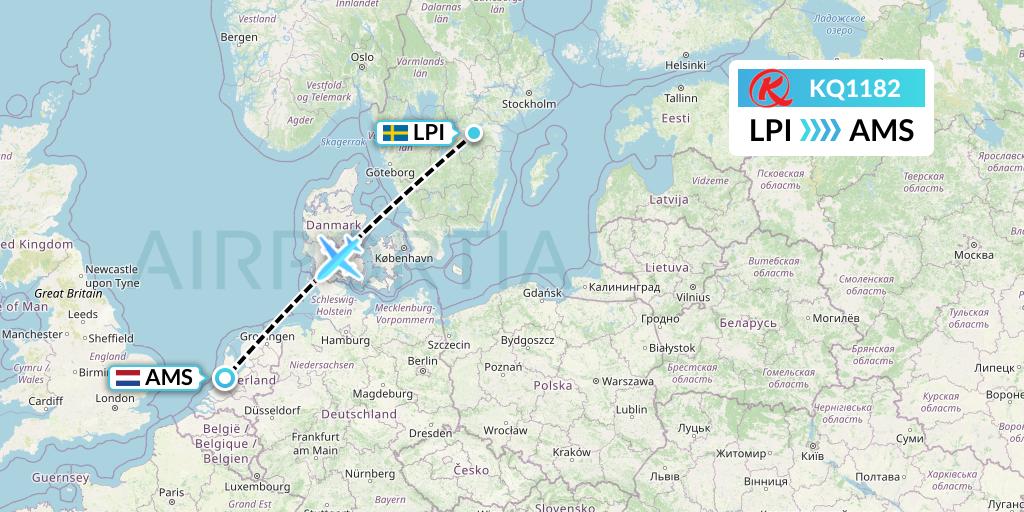 KQ1182 Kenya Airways Flight Map: Linkoping to Amsterdam