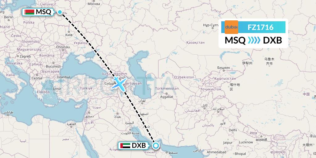 FZ1716 FlyDubai Flight Map: Minsk to Dubai
