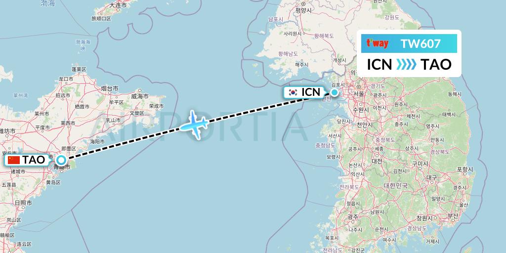 TW607 T'way Air Flight Map: Seoul to Qingdao
